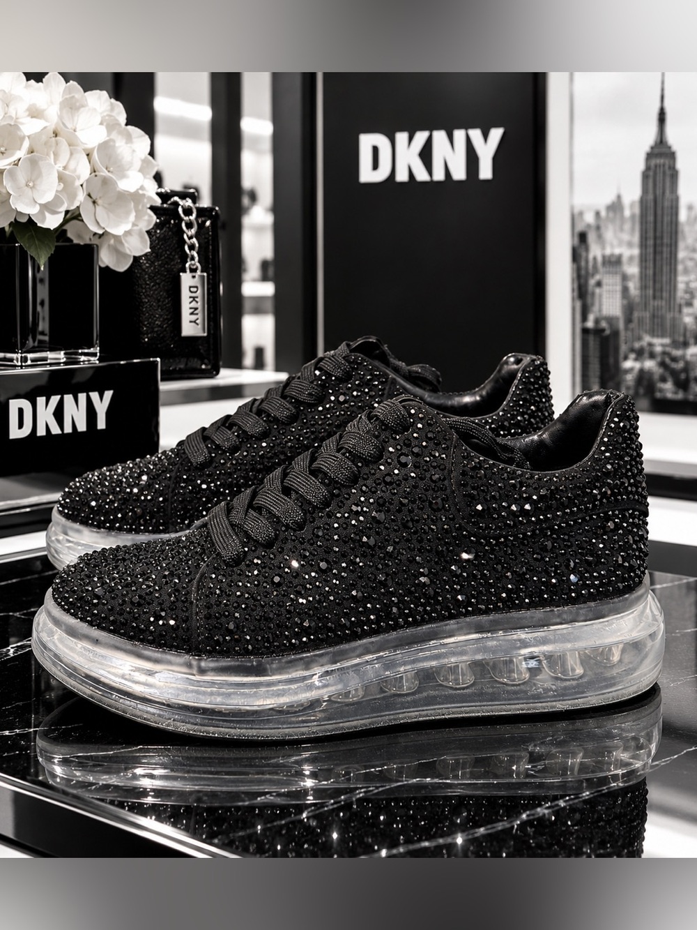 DKNY Black Crystal-Studded Clear Sole Platform Sneakers